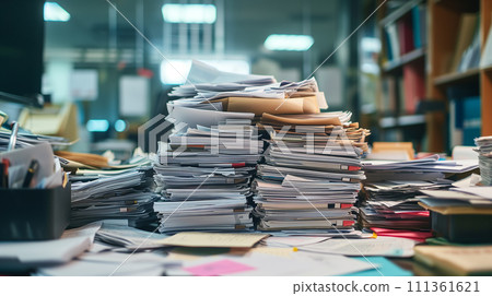 A cluttered office space showing an overwhelming amount of documents and paperwork piled on a desk. 111361621