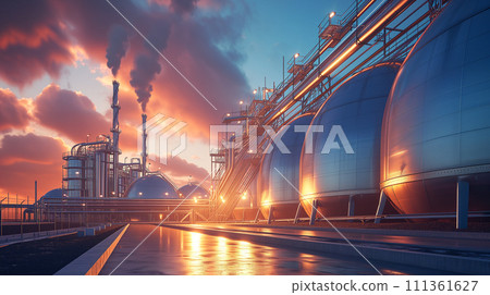 The glowing sunset sky behind industrial gas storage tanks and smokestacks, depicting energy production and manufacturing. 111361627