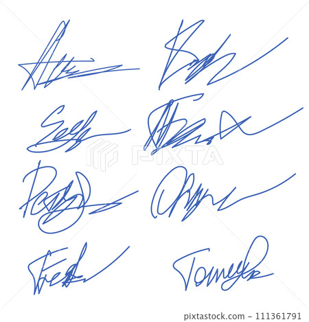 Hand written signature. Different example signatures isolated in white background. Vector illustration set of hand drawn name imprint Hand written signature. Different example signatures isolated in white background. Vector illustration set of hand drawn name imprint 111361791