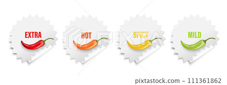 Realistic Vector Round Stickers with Spicy Chili Pepper Levels. Red, Orange, Yellow, Green Jalapeno Pepper Strength Scale Sticker Indicators with Mild, Spicy, Hot and Extra Positions 111361862