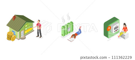 3D Isometric Flat  Conceptual Illustration of Home Energy Efficiency, Low Heating Resource Consumption 111362229