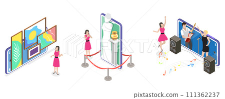 3D Isometric Flat Conceptual Illustration of Online Tours And Activities, Virtual Concert, Online Museum and Gallery Tour 3D Isometric Flat Conceptual Illustration of Online Tours And Activities, Virtual Concert, Online Museum and Gallery Tour 111362237