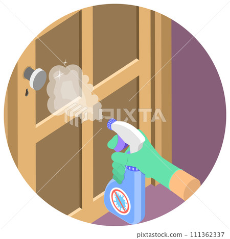 3D Isometric Flat  Icon of Door Handle Cleaning, Prevention Spreading Bacteria and Viruses 111362337