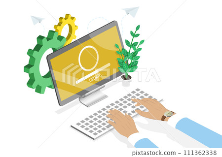 3D Isometric Flat  Conceptual Illustration of Computer Update, Software Loading or Installation Process 111362338