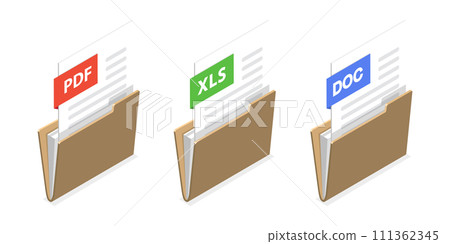 3D Isometric Flat  Icon of Doc, Pdf, Xls Documents, Set of Paper Folders 111362345