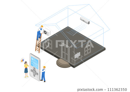3D Isometric Flat  Conceptual Illustration of Air Conditioning System, AC Installation or Repairing 111362350