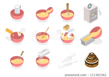 3D Isometric Flat Conceptual Illustration of Baking Ingredients, Preparing Confectionery, Cakes or Pastries 3D Isometric Flat Conceptual Illustration of Baking Ingredients, Preparing Confectionery, Cakes or Pastries 111362362