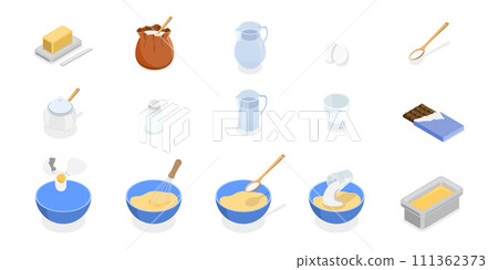 3D Isometric Flat Conceptual Illustration of Bakery Ingredients Set, Pastry Cooking 3D Isometric Flat Conceptual Illustration of Bakery Ingredients Set, Pastry Cooking 111362373