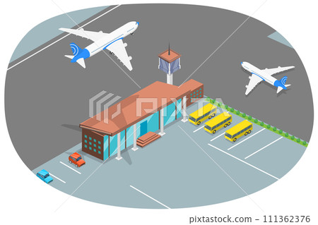 3D Isometric Flat  Conceptual Illustration of Airport Terminal , Jet Transport 111362376