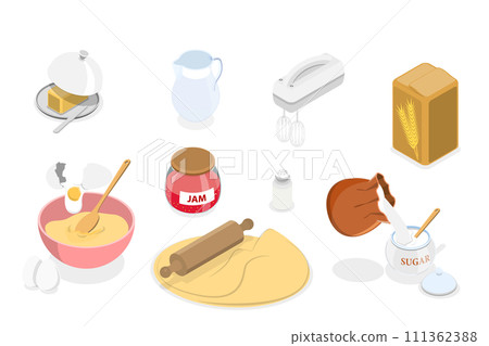 3D Isometric Flat  Conceptual Illustration of Dough Cooking, Preparation Homemade Pastry or Baking 111362388