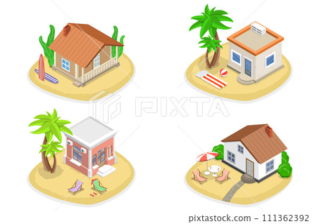3D Isometric Flat Set of Bungalows, Dwelling Huts, Tropical Cottages 3D Isometric Flat Set of Bungalows, Dwelling Huts, Tropical Cottages 111362392