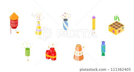 3D Isometric Flat Icon of Firecrackers Set, Collection of Pyrotechnic Equipment for Celebrating Holiday 3D Isometric Flat Icon of Firecrackers Set, Collection of Pyrotechnic Equipment for Celebrating Holiday 111362405