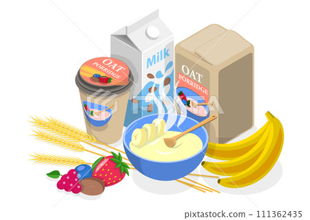 3D Isometric Flat  Conceptual Illustration of Oat Porridge, Healthy Oatmeal Breakfast 111362435