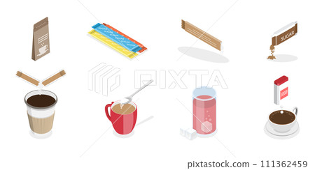 3D Isometric Flat  Icon of Sugar Packs Set, Disposable Packaging Bundle 111362459