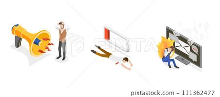 3D Isometric Flat  Conceptual Illustration of Lowering Work Efficiency or Burnout, Overworked Employees 111362477