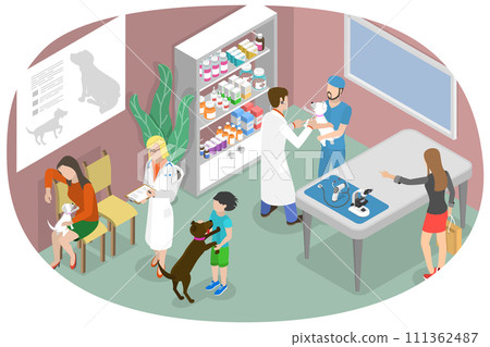 3D Isometric Flat  Conceptual Illustration of Animal Medical Treatment and Vaccination, Pet Veterinarian 111362487