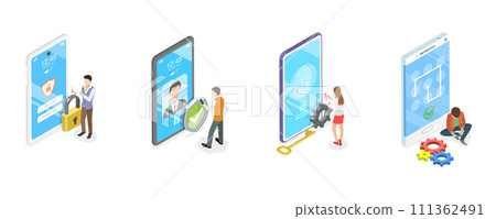 3D Isometric Flat  Conceptual Illustration of Biometrics Identification and Verification, Cyber Security Technologies 111362491