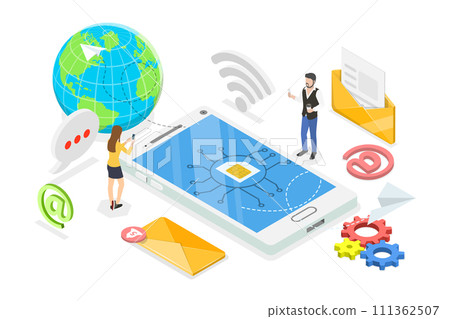 3D Isometric Flat  Conceptual Illustration of eSIM, Mobile Communication Technology 111362507