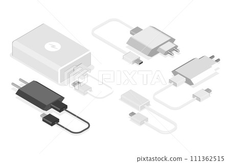 3D Isometric Flat Set of Mobile Phone Chargers, Powerbank and Charging Equipment 3D Isometric Flat Set of Mobile Phone Chargers, Powerbank and Charging Equipment 111362515