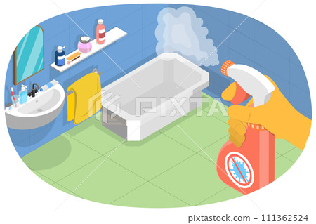 3D Isometric Flat  Conceptual Illustration of Bathroom Disinfectant, Cleaning with Spray Detergent 111362524