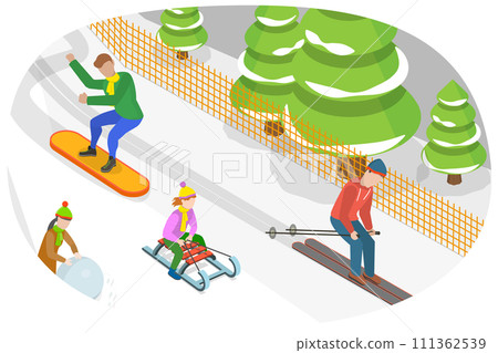 3D Isometric Flat  Conceptual Illustration of Ski Resort, Mountain Ski, Downhill Track 111362539