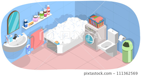 3D Isometric Flat  Conceptual Illustration of Bathroom Accessories, Personal Washroom Items 111362569