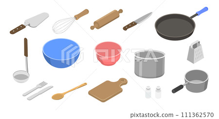 3D Isometric Flat  Set of Kitchen Utensils, Objects for Eating and Food Preparation 111362570