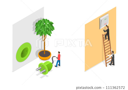 3D Isometric Flat  Conceptual Illustration of Unpluging Appliances, Saving Energy 111362572