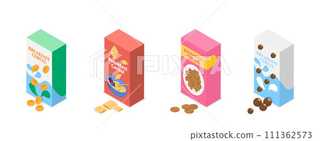 3D Isometric Flat  Set of Breakfast Cereals, Corn Flakes or Porridge Oatmeal 111362573