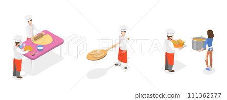 3D Isometric Flat  Set of Bakery Food Production, Bakehouse Workers 111362577