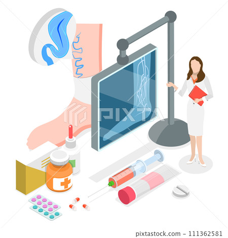 3D Isometric Flat  Conceptual Illustration of Vein Thrombosis And Varicose Treatment, Health Care and Podiatry 111362581