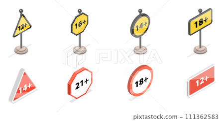 3D Isometric Flat  Set of Sensitive Content Signs, Under Age Content 111362583
