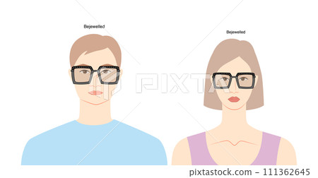 Bejewelled Retro Square frame glasses on women and men flat character fashion accessory illustration. Sunglass Bejewelled Retro Square frame glasses on women and men flat character fashion accessory illustration. Sunglass 111362645