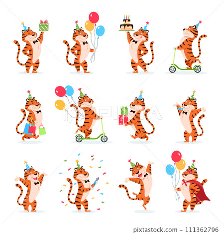 Cartoon Birthday tigers set on white background. Animal characters in party hats. Cute adorable flat wild cats. Smiling orange striped feline with balloon, cake superhero gift vector illustration. Cartoon Birthday tigers set on white background. Animal characters in party hats. Cute adorable flat wild cats. Smiling orange striped feline with balloon, cake superhero gift vector illustration. 111362796