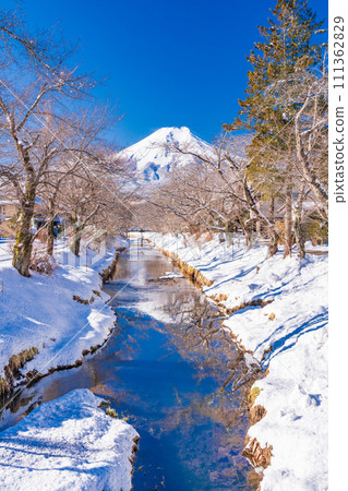 (Yamanashi Prefecture) Shin-Nashogawa River and Mt. Fuji in Oshino, snowy scenery 111362829