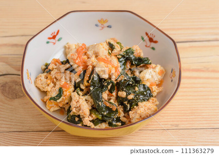 Fried tofu and spinach Fried tofu and spinach 111363279