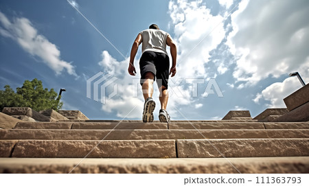 Runner athlete running on stairs. man fitness jogging workout wellness concept. Runner athlete running on stairs. man fitness jogging workout wellness concept. 111363793