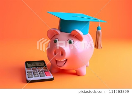 Piggy bank with graduation cap, piggy bank with calculator and money on an orange background, in the style cute and colorful Financial and investment business concepts Piggy bank with graduation cap, piggy bank with calculator and money on an orange background, in the style cute and colorful Financial and investment business concepts 111363899