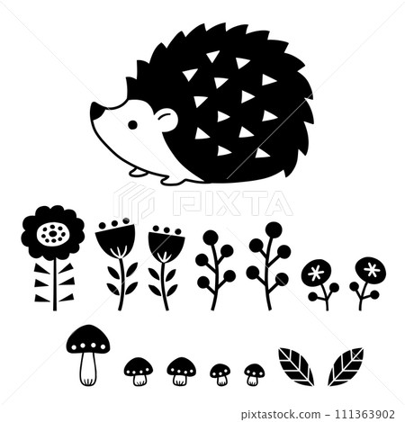 黑白插圖集可愛的刺蝟、小蘑菇、花朵等。 黑白插圖集可愛的刺蝟、小蘑菇、花朵等。 111363902