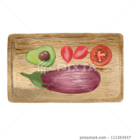 Watercolor hand drawn eggplant avocado and tomatos on a wooden board isolated on white Watercolor hand drawn eggplant avocado and tomatos on a wooden board isolated on white 111363937