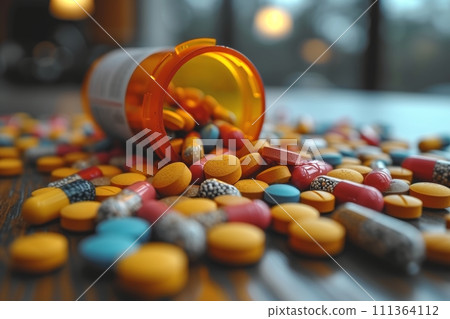 Scattered pills: An image that symbolizes the social problem of drug abuse AI-generated 13 111364112