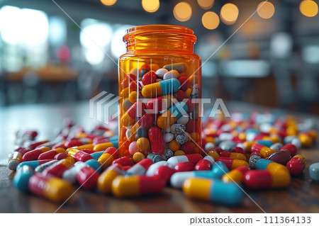 Scattered pills: An image that symbolizes the social problem of drug abuse AI-generated 34 111364133