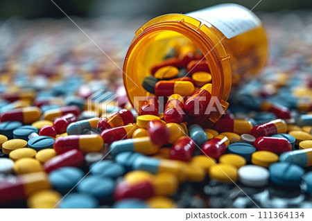 Scattered pills: An image that symbolizes the social problem of drug abuse AI-generated 35 111364134