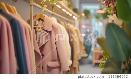 高檔服飾店裡陳列的奢華服飾。豐富的生活。輕鬆的生活方式。 111364952