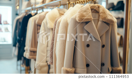 高檔服飾店裡陳列的奢華服飾。豐富的生活。輕鬆的生活方式。 111364953