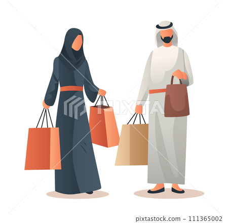 arab man woman couple in traditional clothes holding shopping bags season big sale special offer promotion discount 111365002