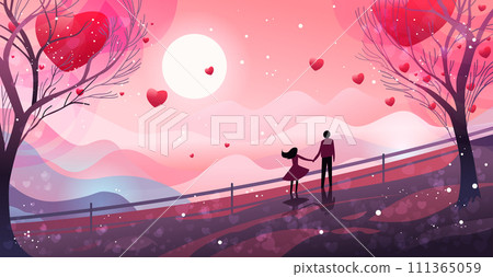 man woman lovers walking in park with red hearts in air happy valentines day celebration concept landscape background man woman lovers walking in park with red hearts in air happy valentines day celebration concept landscape background 111365059