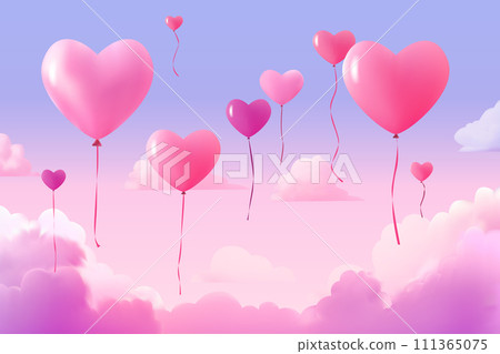 pink air balloons in heart shape flying in sky happy valentine day greeting card shopping poster or voucher holiday celebration 111365075