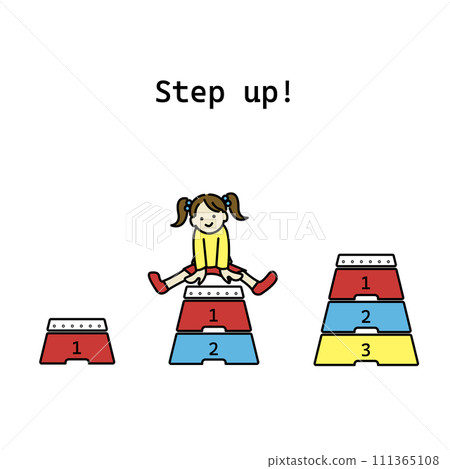 Illustration of a cheerful child jumping on a vaulting box Colorful line drawing Illustration of a cheerful child jumping on a vaulting box Colorful line drawing 111365108
