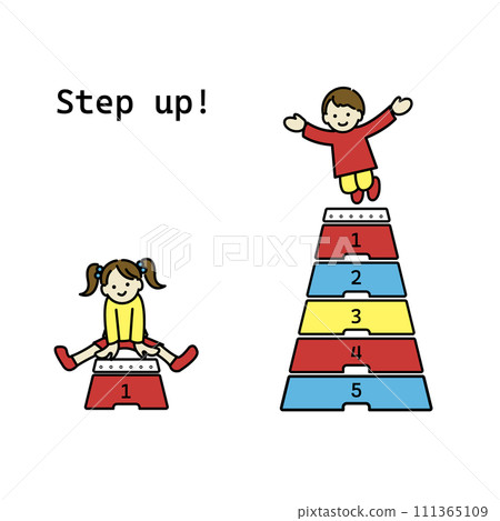 Illustration of a cheerful child jumping on a vaulting box Colorful line drawing 111365109